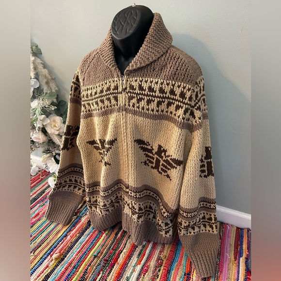 y2k Polo Ralph Lauren Cowichan Sweater Wool Cardigan American Flag Tan XXL - Picture 2 of 6